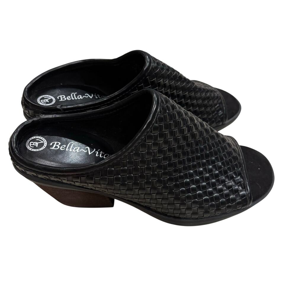 Bella Vita Alvia Women's Size 6M Black‎ Leather Woven Slip On Mule Heels Sandals